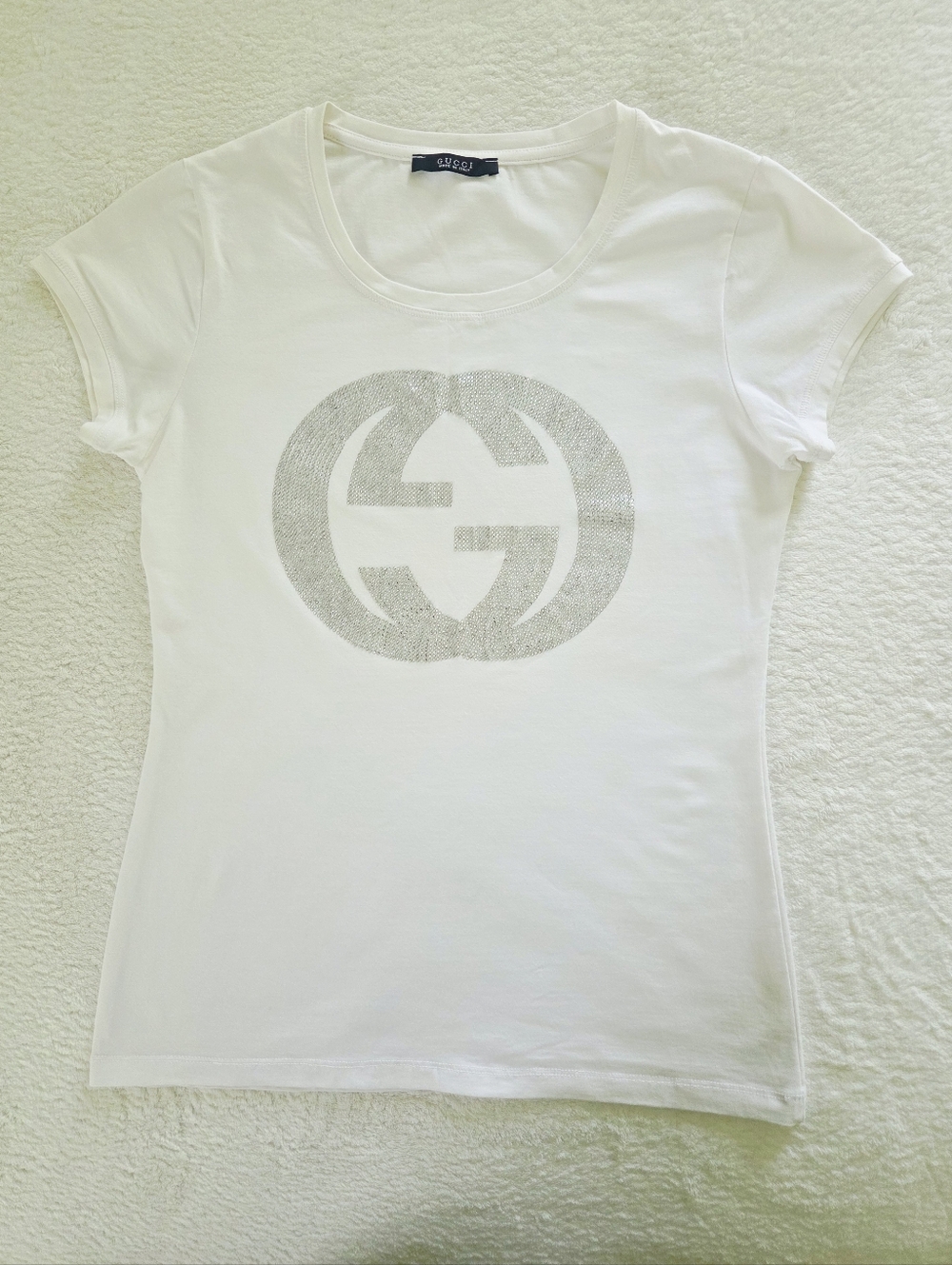 Vintage!!! GUCCI ✨️ Women's White Cotton Crystal Logo Stretch T-Shirt Size S - Picture 4 of 15